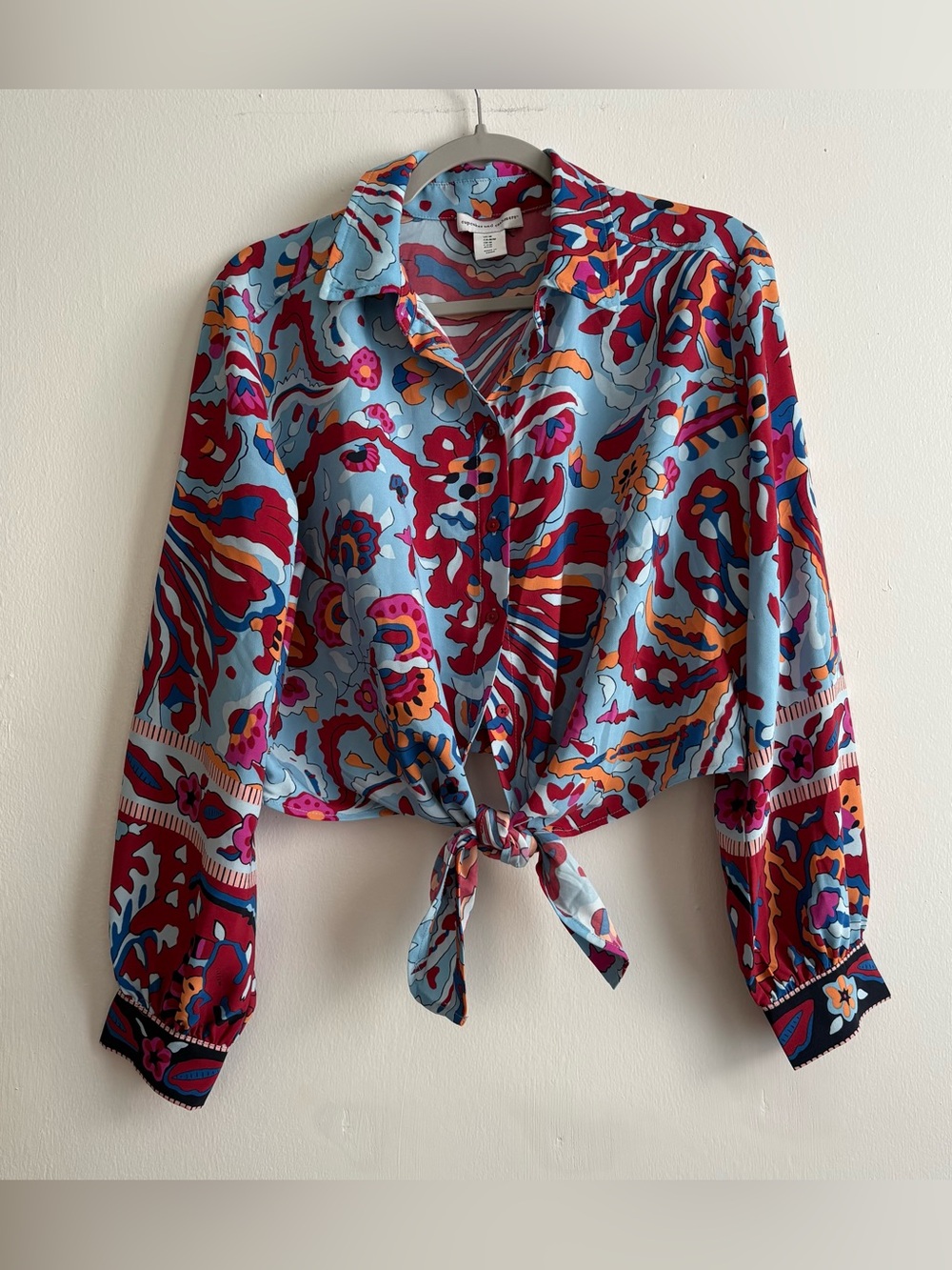 Cupcakes and Cashmere Blue Floral Collared Tie Front Retro Blouse Women’s M